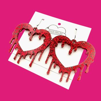 Dripping Heart Earrings - Red Glitter