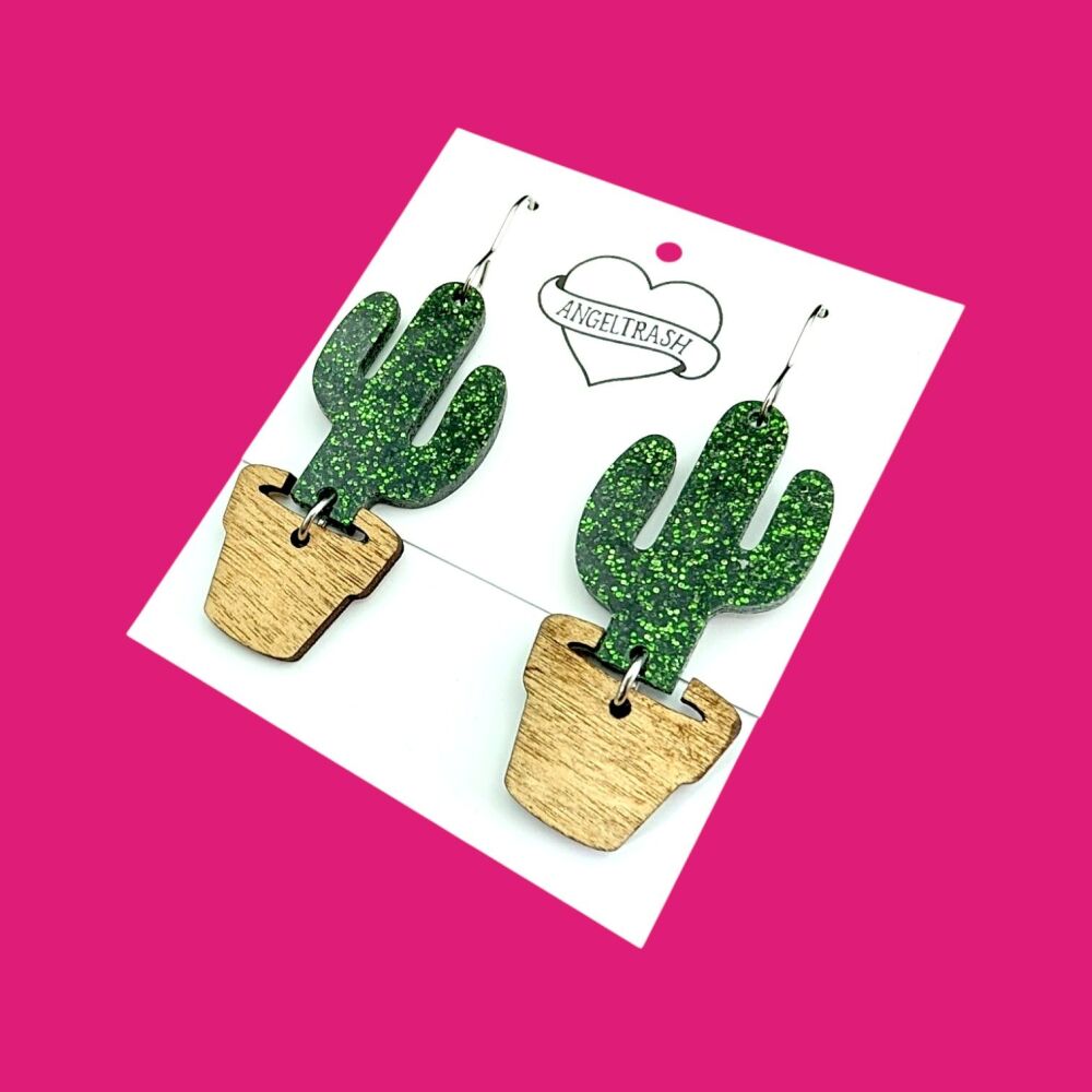 Acrylic & Wood Cuctus in a pot Earrings