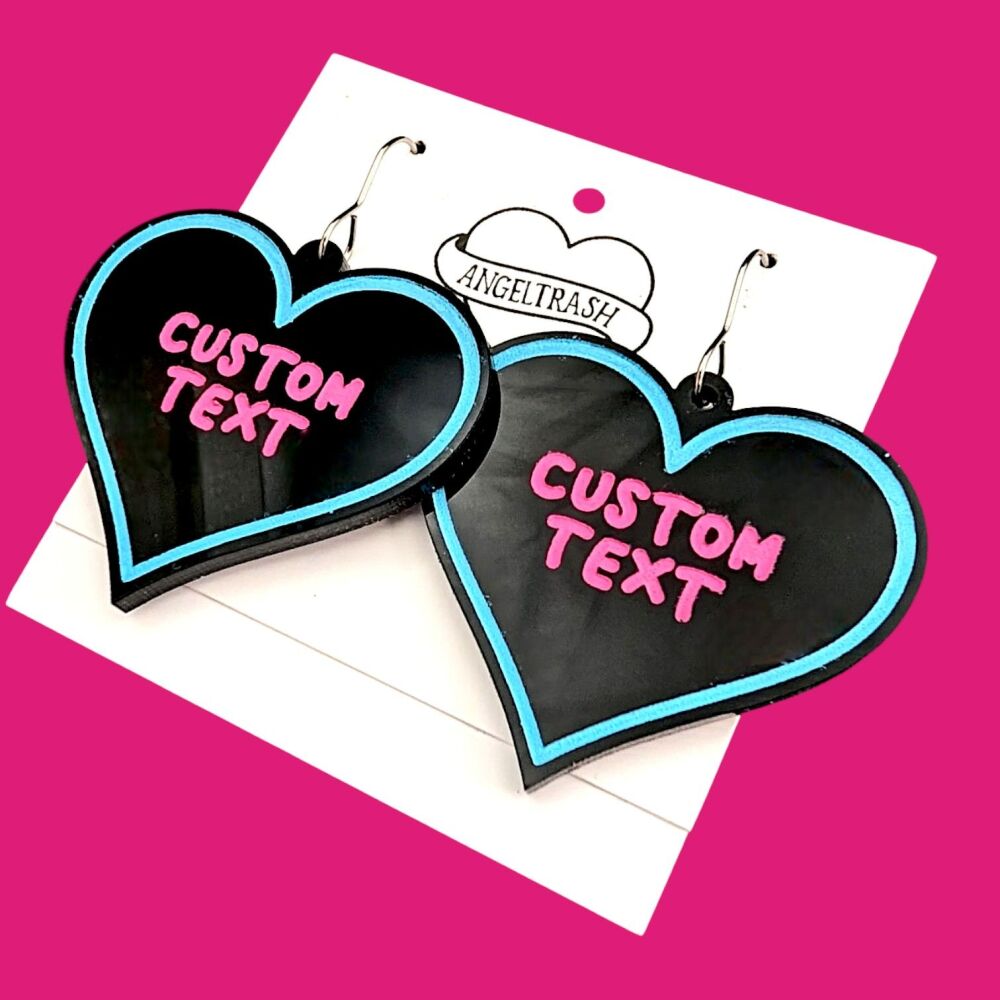 Neon Name Heart Earrings - You choose text