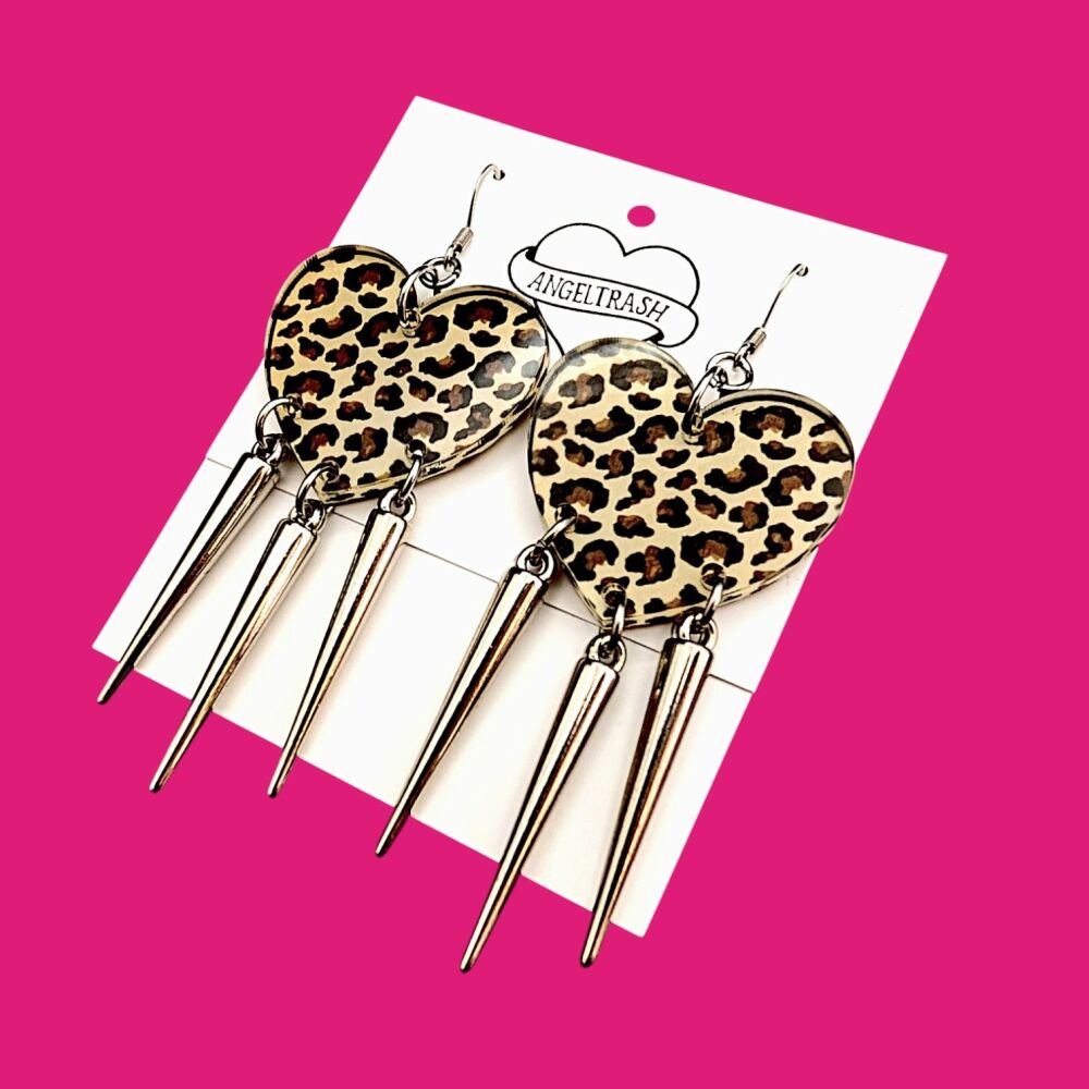 Leopard Print Spikey Heart Earrings