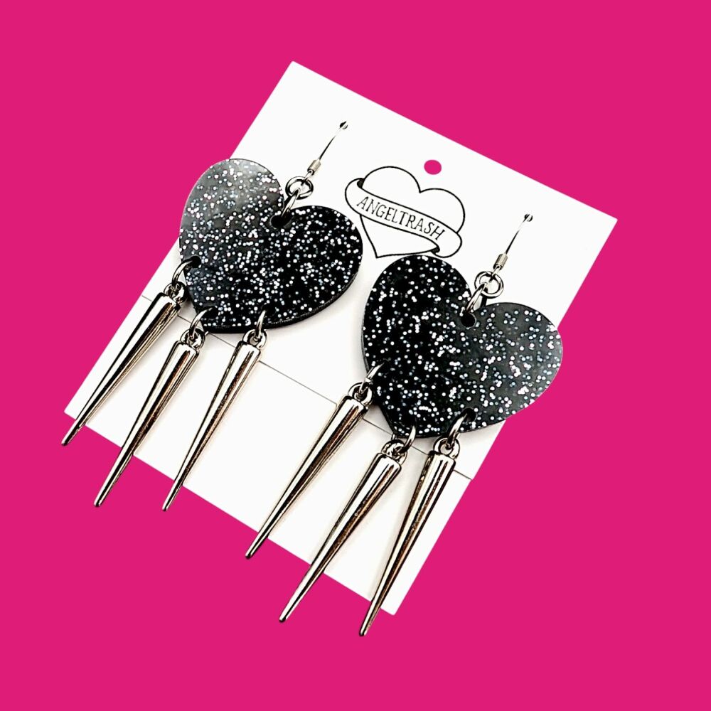 Spikey Heart Earrings - Black Glitter