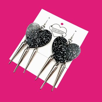 Spikey Heart Earrings - Black Glitter