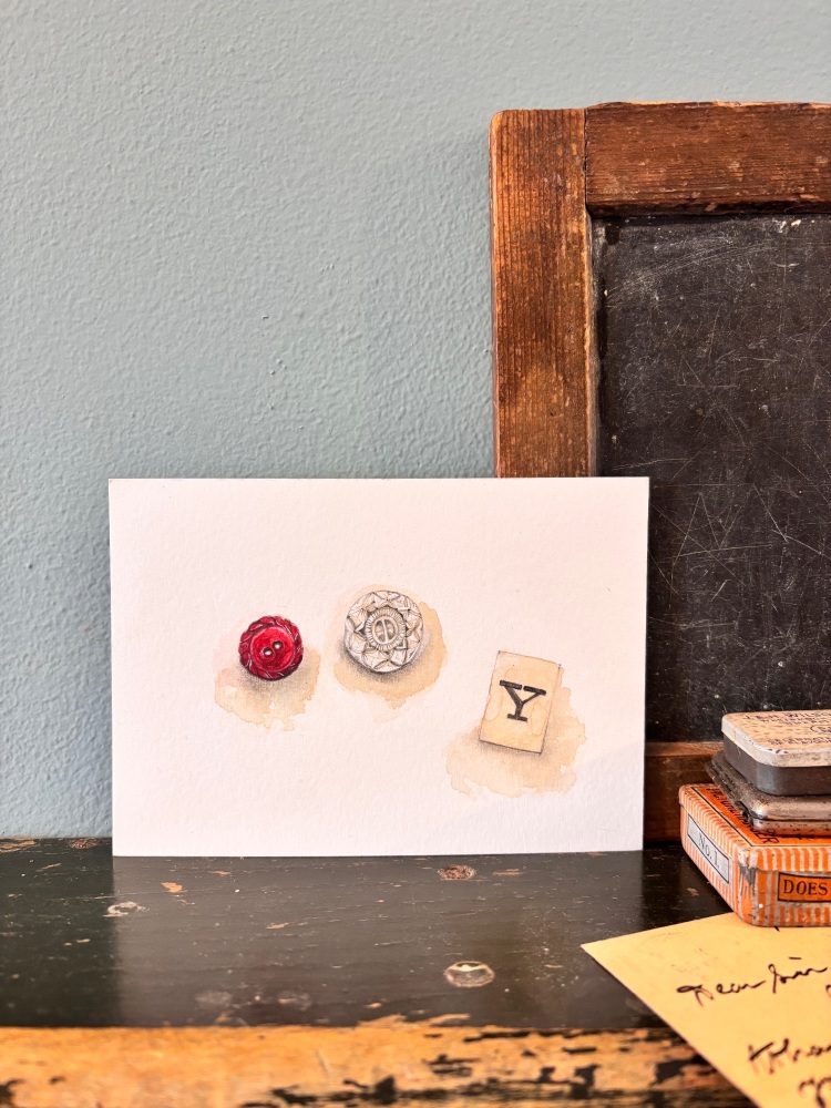 Red plastic button, glass button + letter Y tile