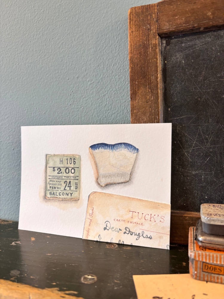 Theatre ticket, broken pot + fragment of postcard