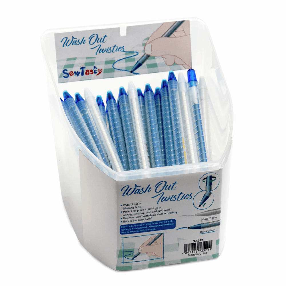 White or blue water soluble marking pencils. Twist barrel to extend lead. Remove with damp cloth or cold wash.