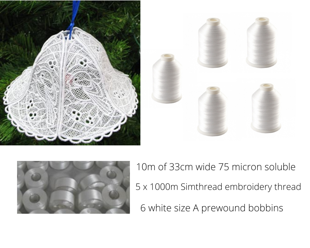  10m WATER SOLUBLE 75 MICRON  EMBOSSED- 33 cm wide, 5 x 1000m white embroidery thread + 6 size A white bobbins