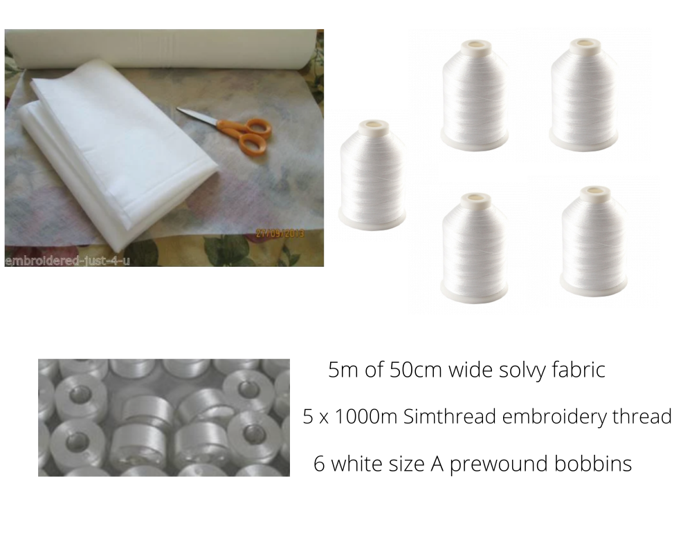  5m Solvy fabric - 50 cm wide, 5 x 1000m white embroidery thread + 6 size A white bobbins