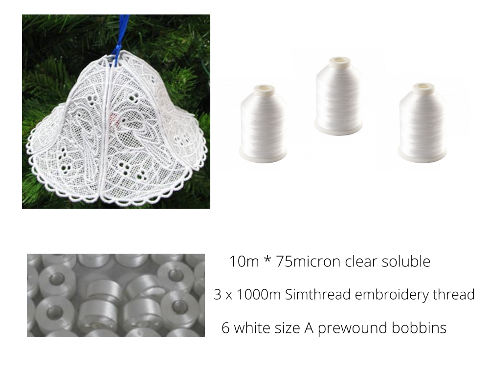   3 x 1000m white embroidery thread + 6 size A white bobbins plus 10m  SOLUBLE 75 MICRON  EMBOSSED- 33 cm wide, 3 x 1000m white embroidery