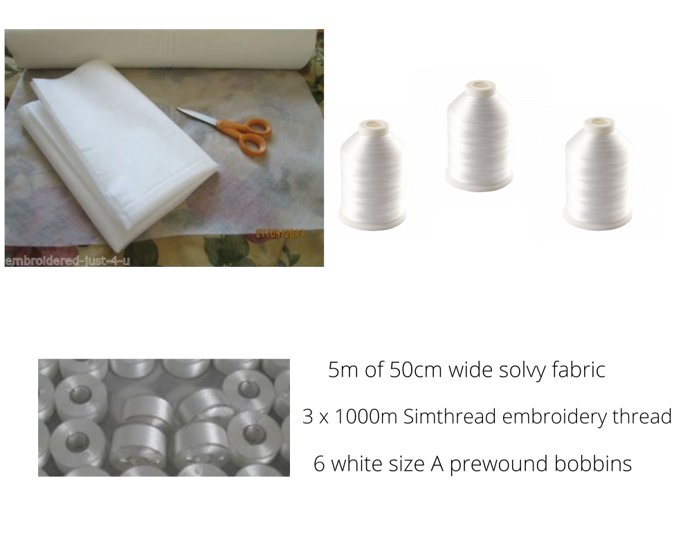  3 x 1000m white embroidery thread + 6 size A white bobbins plus 5m Solvy fabric - 50 cm wide,
