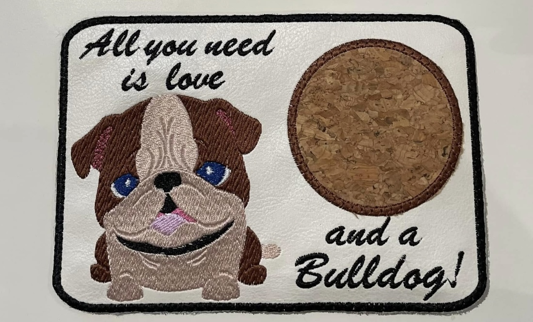 In The Hoop Bulldog Pretty Round Edge Mug Rug Digital Download Machine Embroidery Design File 5&times;7 Hoop