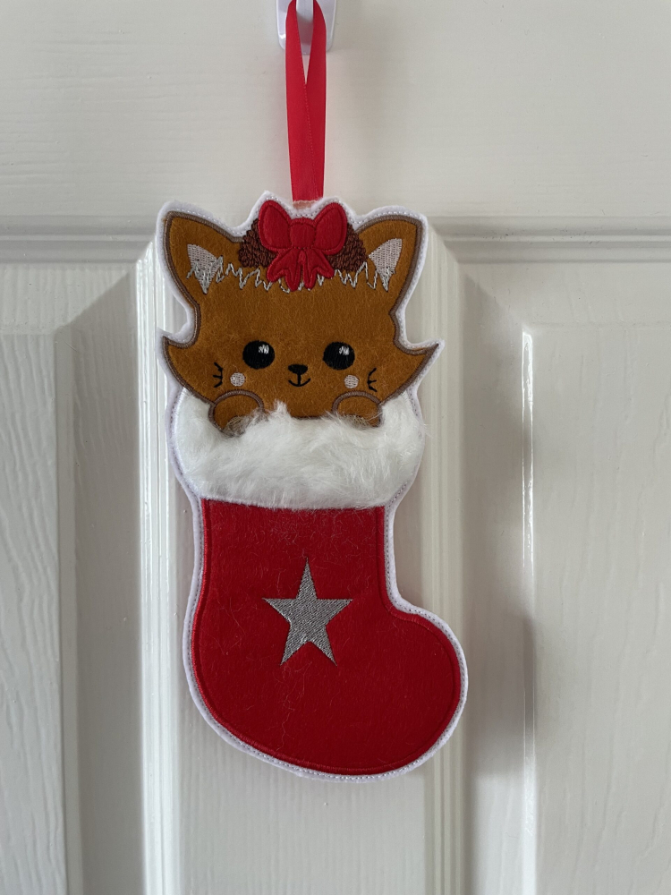 In The Hoop Cat Christmas Stocking Digital Download Machine Embroidery Design File 6&times;10 Hoop