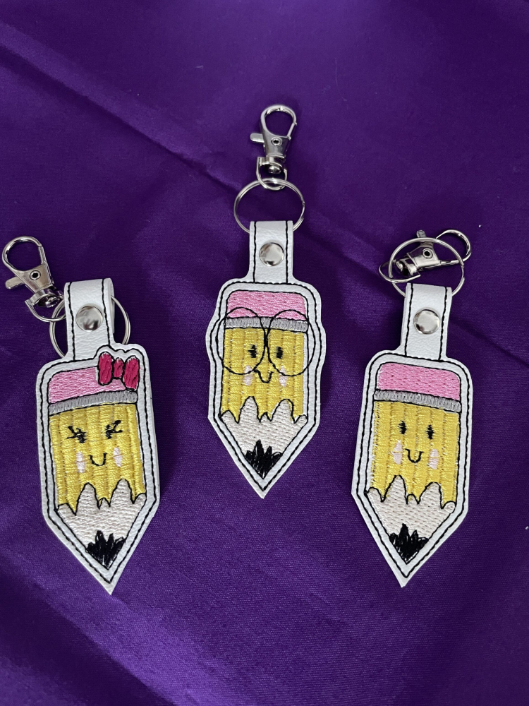 In The Hoop Set of 3 Pencil Keyring Digital Download Machine Embroidery Design File 4&times;4 and 5&times;7 Hoop