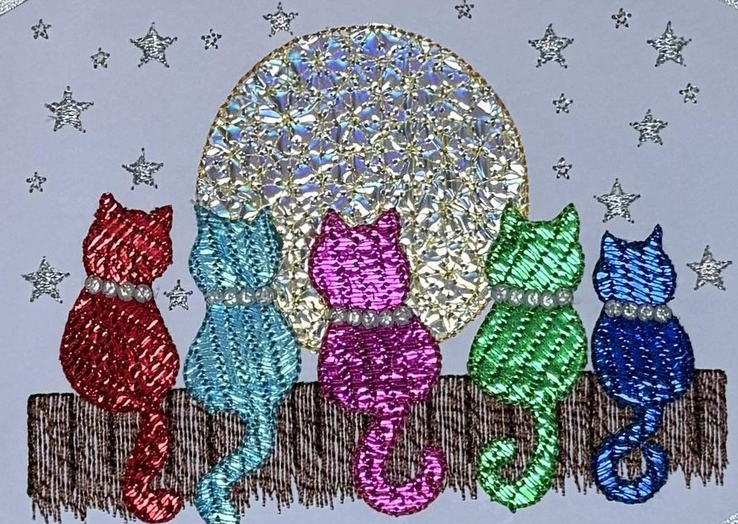 In The Hoop Foil Cats on a Fence Digital Download Machine Embroidery Design File 5X7 Hoop