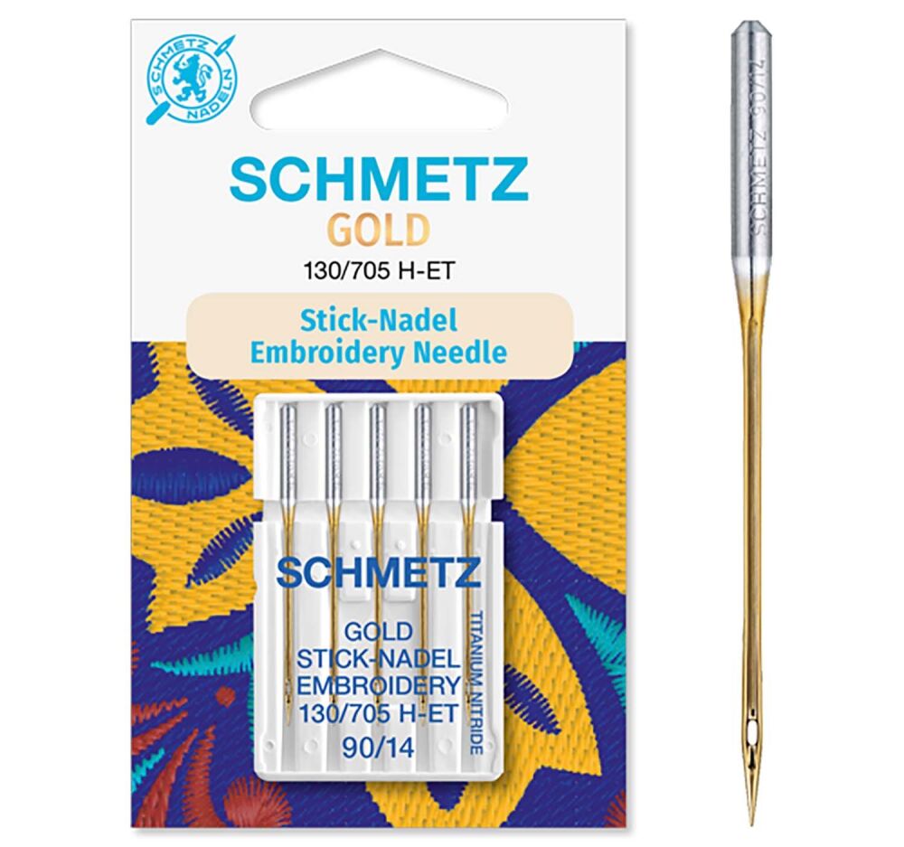 NEW IN-SCHMETZ 90/14 'GOLD' embroidery needles 5 needles per pack -