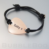Personalised Copper Guitar Pick Bracelet - adjustable leather cord - hand-stamped polished copper. Music lover gift.
