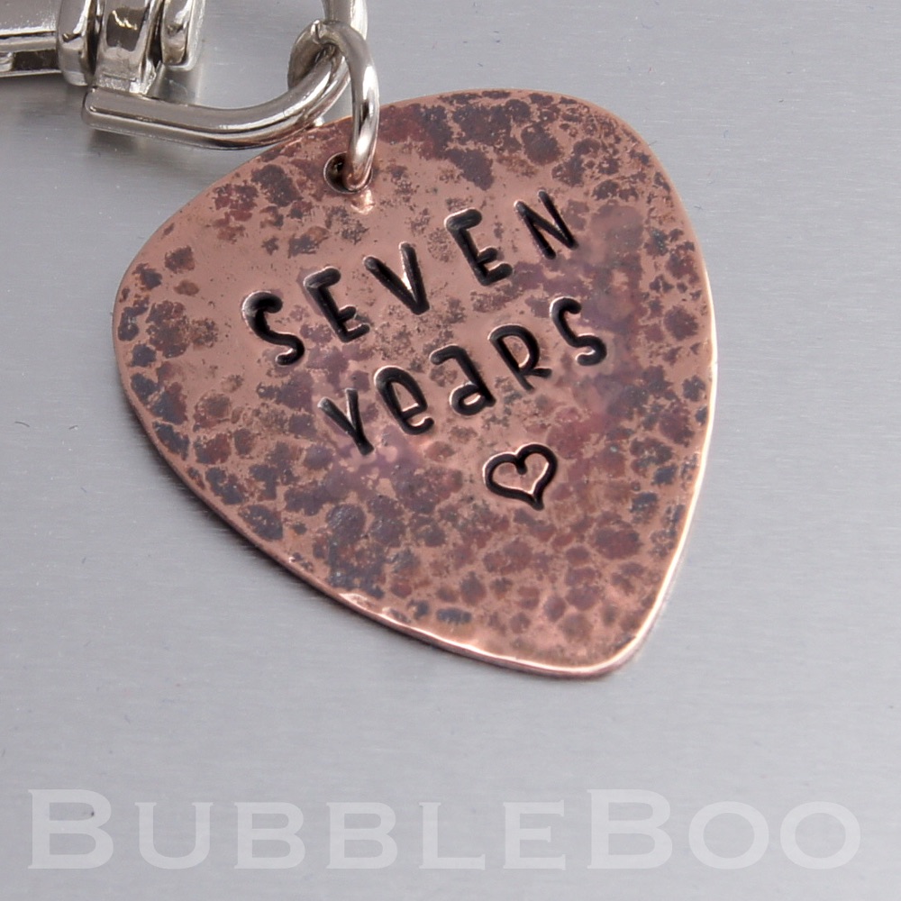 Seven Year Anniversary Gift. Copper Guitar Pick Keyring