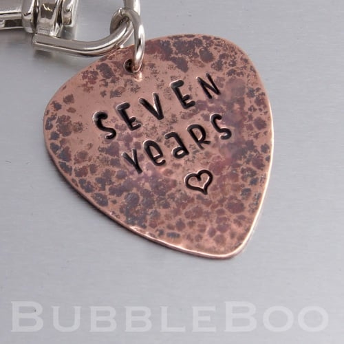 Seven Year Anniversary Gift. Copper Guitar Pick Keyring