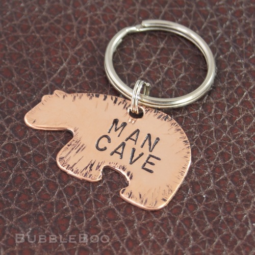 Man Cave Keyring. Hand-stamped copper cut-out bear.