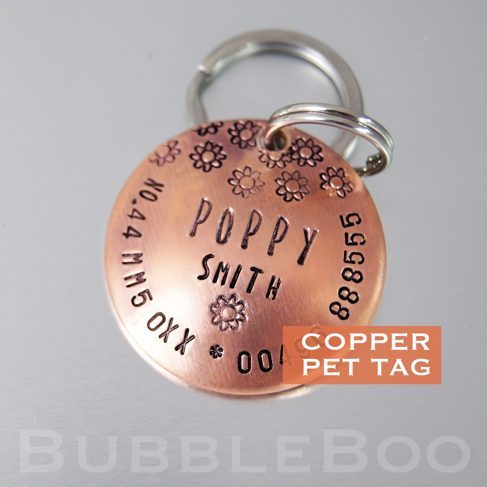 Pet Name Tag with Flowers. Handmade Personalised Domed Copper Pet Id Tag..