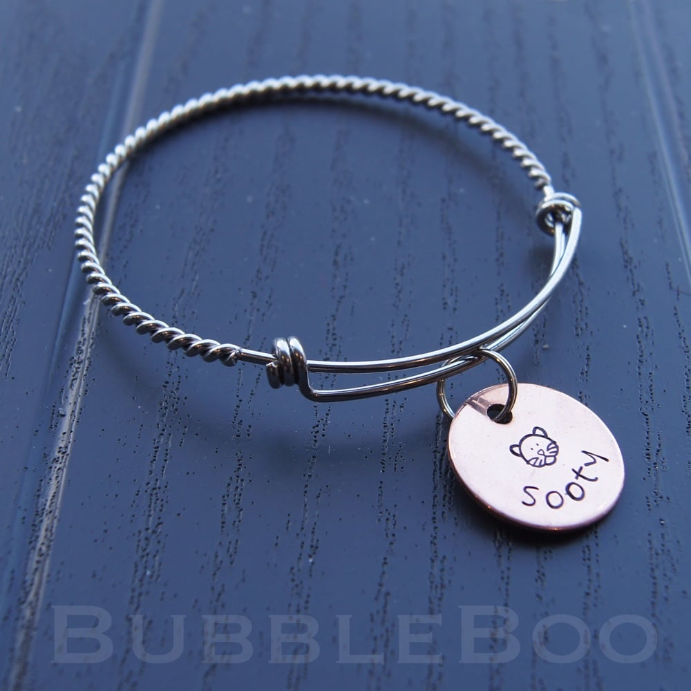Cat Memorial Bracelet personalised with copper pet name charm