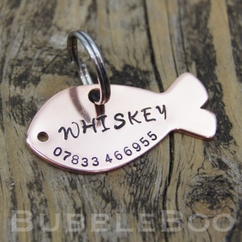 Copper Pet Tag. Fish shaped Pet tag for Cats. Available in aluminium.