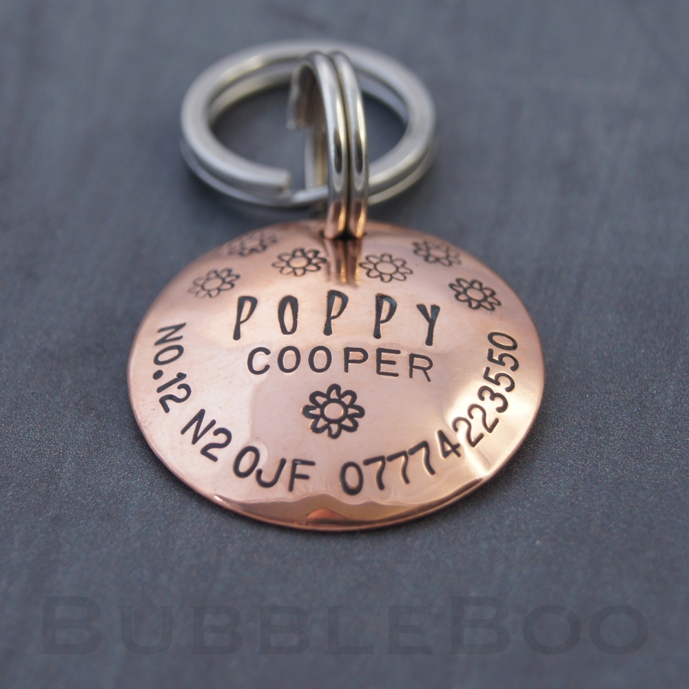 Pet Name Tag with Flowers. Handmade Personalised Domed Copper Pet Id Tag. A