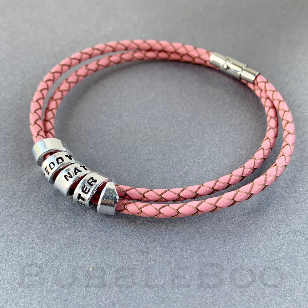 Personalised Secret Message Charm Bracelet on Double Looped Pink Leather