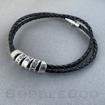 Personalised Secret Message Charm Bracelet on Double Looped Black Leather
