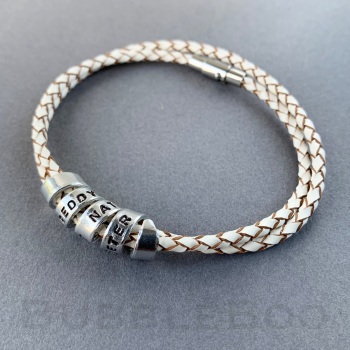 Personalised Secret Message Charm Bracelet on Double Looped White Leather