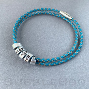 Personalised Secret Message Charm Bracelet on Double Looped Blue Leather