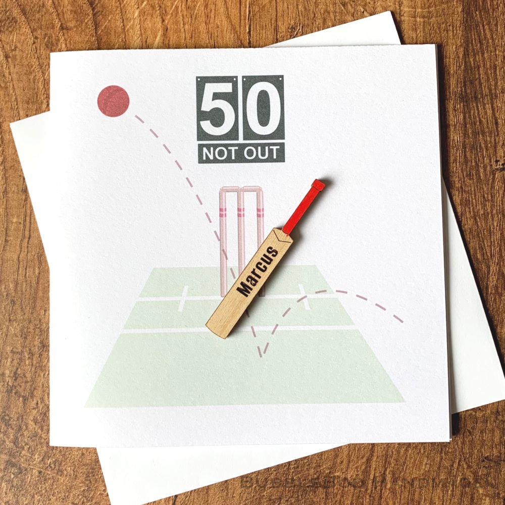 Cricket Birthday Card Personalised With Age And Name On The Wooden Bat