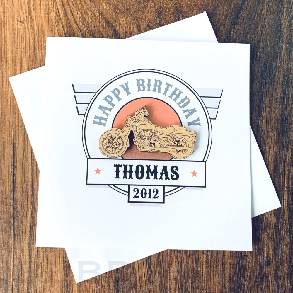 Personalised Birthday Card With Wooden Classic Vintage Motorcycle Attached