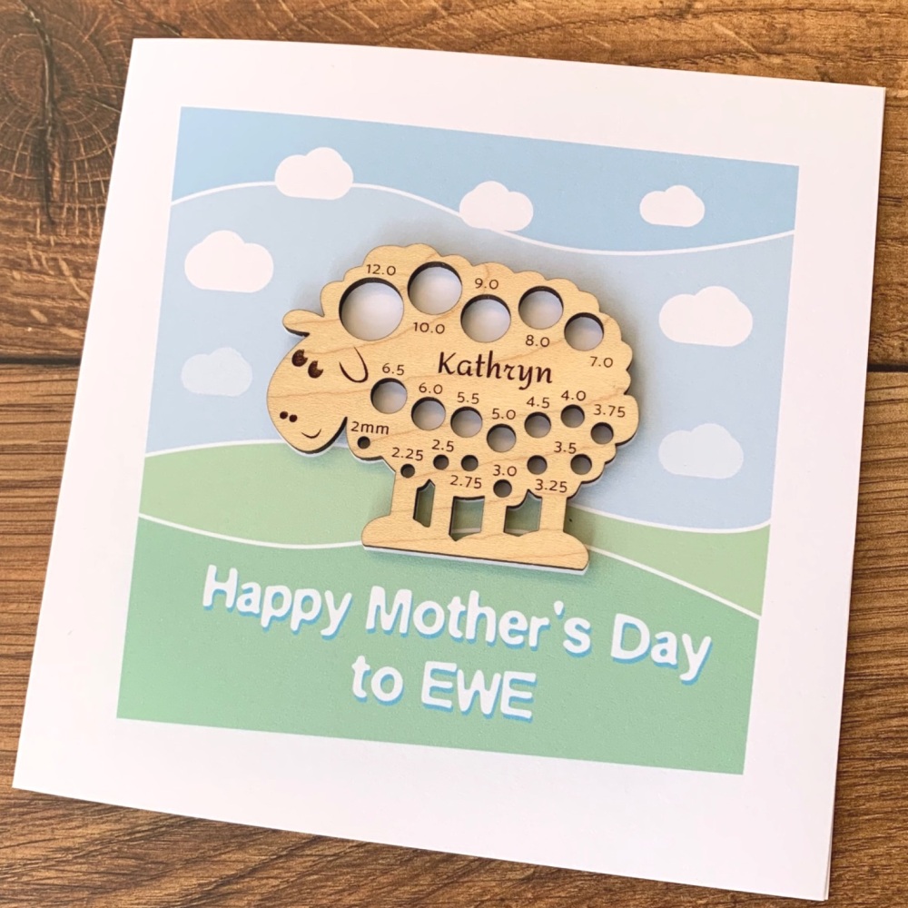 Mother's Day Card With Personalised Wooden Knitting Gauge