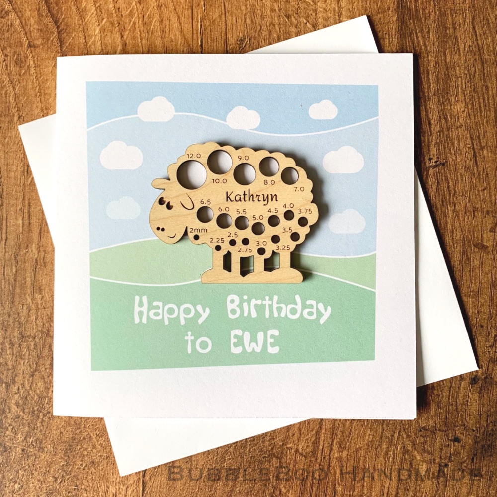Happy Birthday To Ewe Card With Personalised Wooden Knitting Gauge