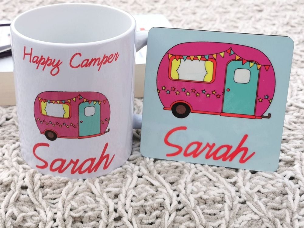 Personalised Happy Camper Cup & Coaster