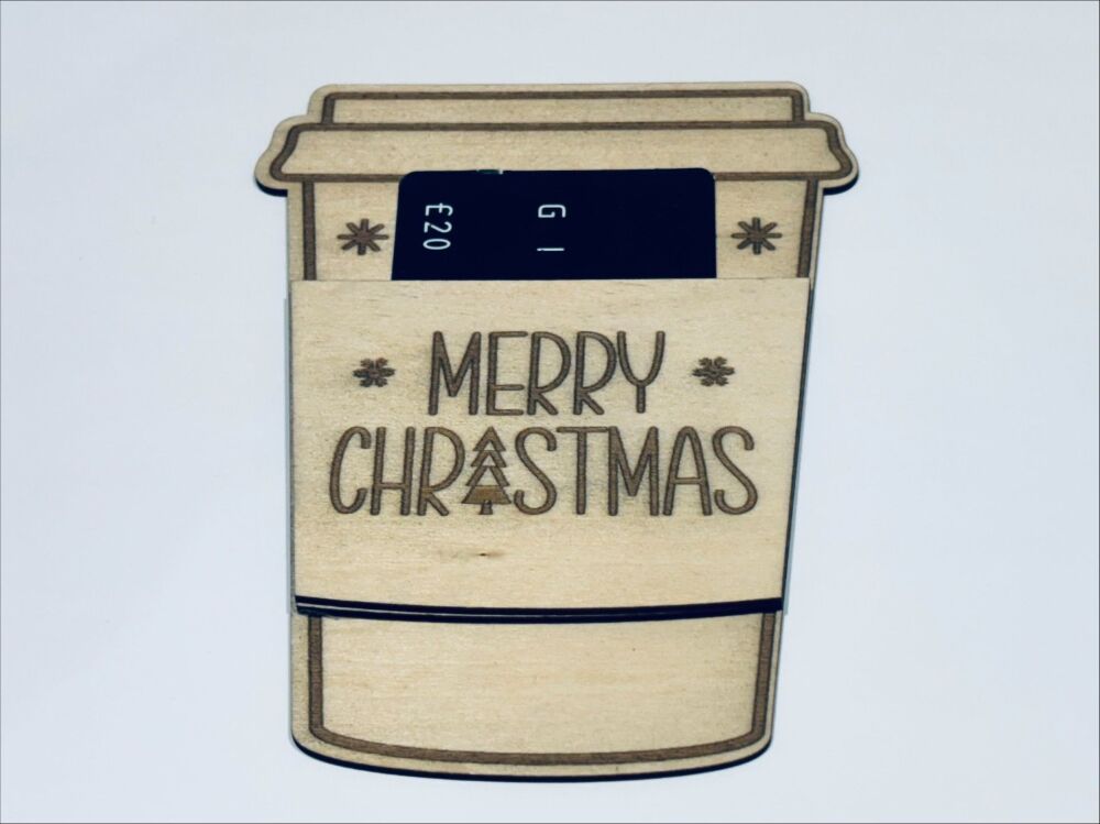 Wooden “Merry Christmas” Gift Card Holder – Coffee Cup Design