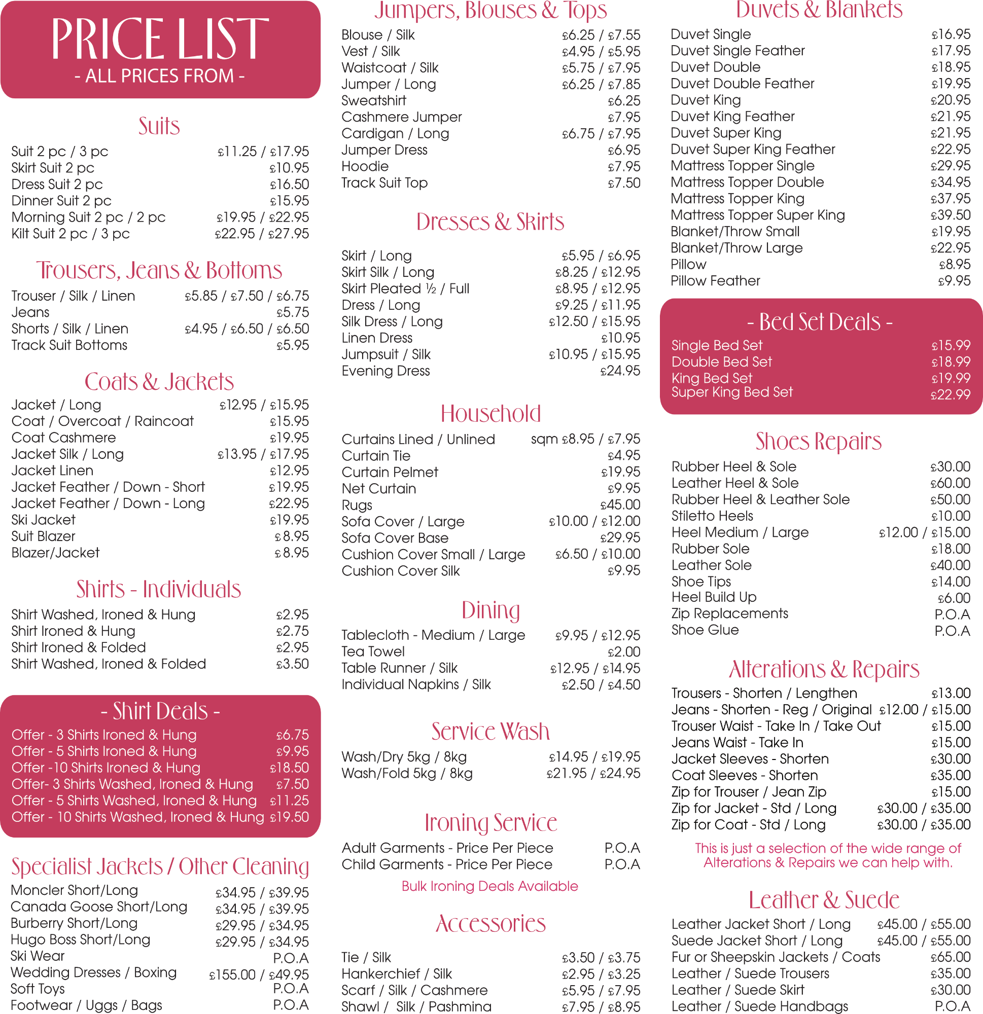 Pearls Drycleaners Price List 2021