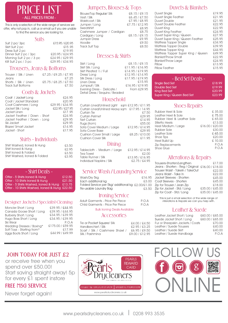 Pearls Drycleaners Price List 2023