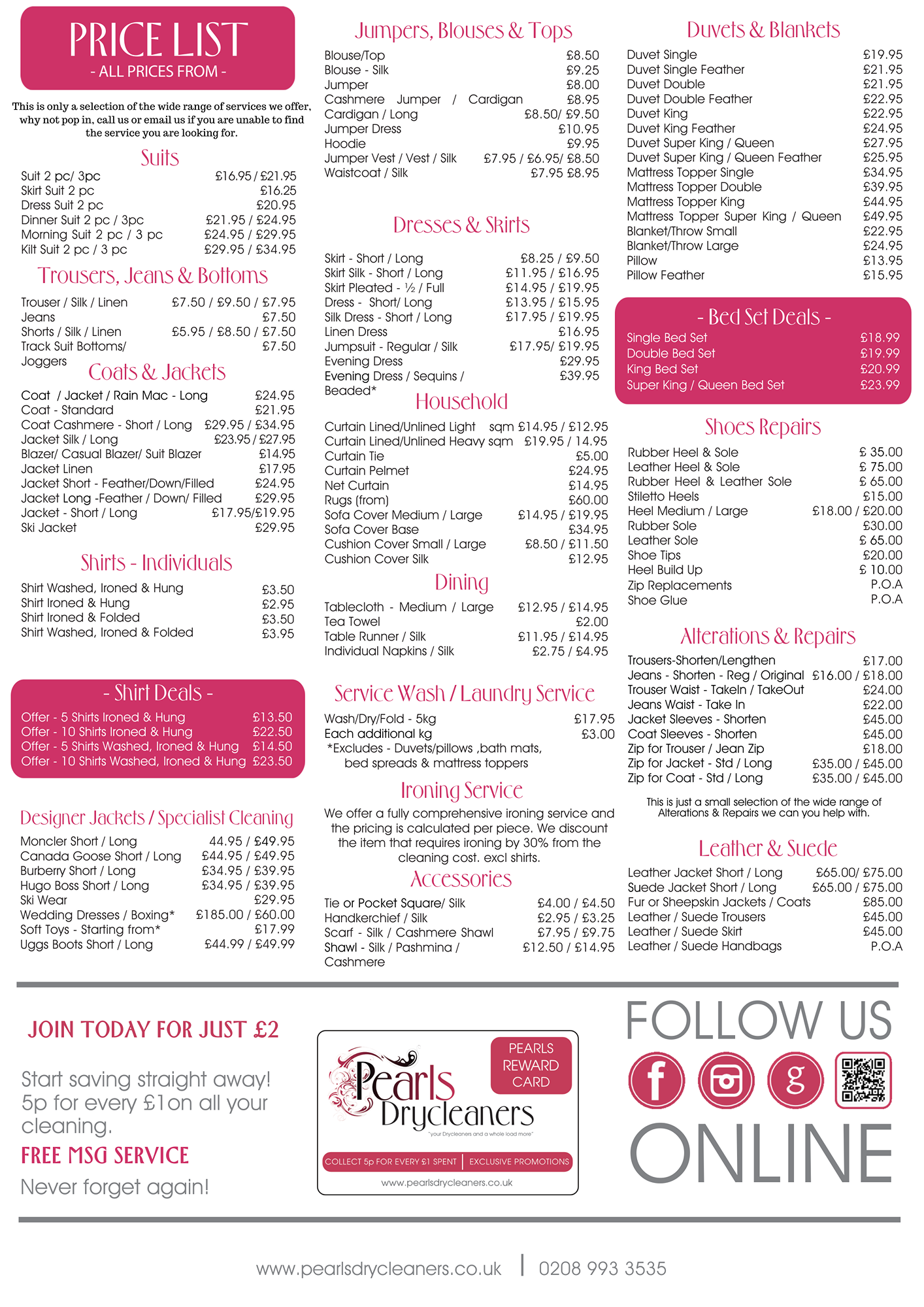 Pearls Drycleaners Price List 2023
