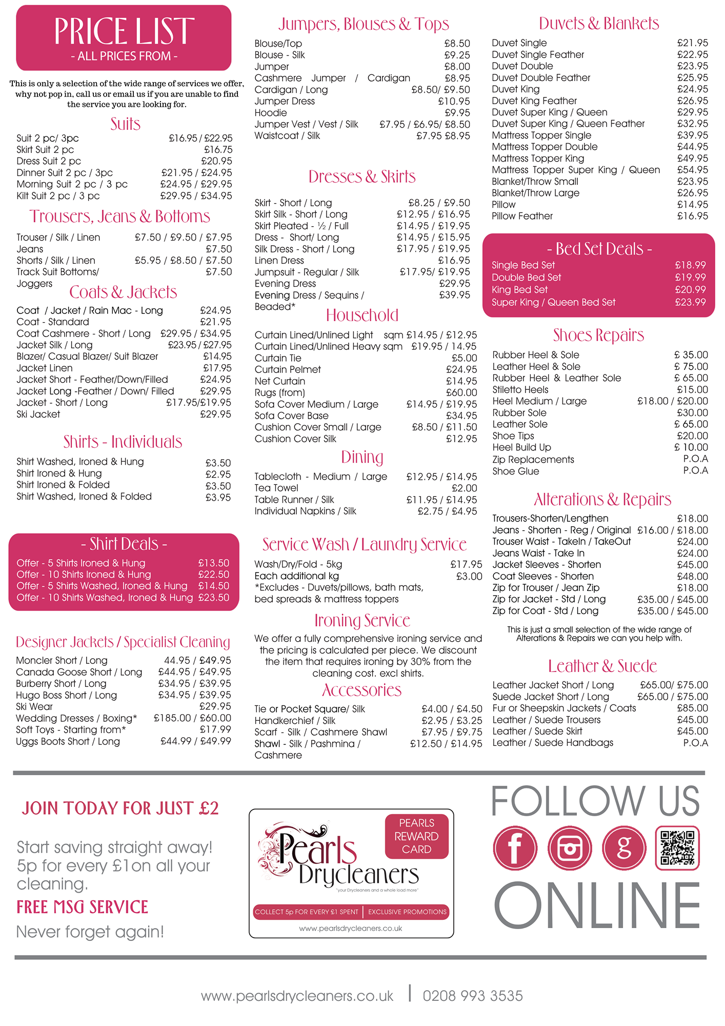 Pearls Drycleaners Price List 2023