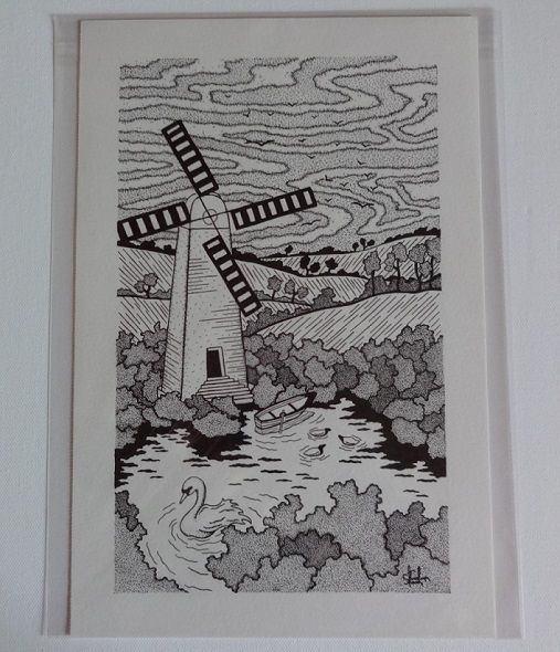 Windmill By The Lake - Signed Original Drawing For Sale | S Godwin Studio