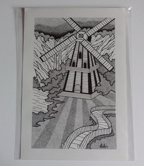Windmill By The Waterfall - Signed Original Drawing For Sale | S Godwin Stu