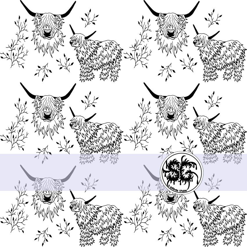 Highland Cow Surface Pattern Design By S Godwin Studio Available For Licensing At www.sgodwinstudio.co.uk