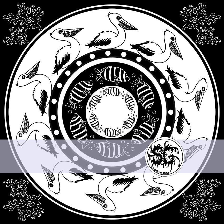 Pelican And Striped Fish Surface Pattern Design By S Godwin Studio Available For Licensing At www.sgodwinstudio.co.uk