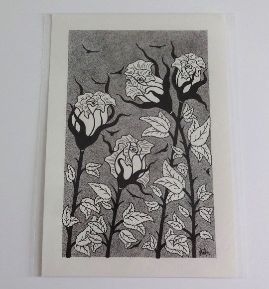 Rose Buds Blooming Original Pen And Ink Drawing By English Artist Sharon Godwin