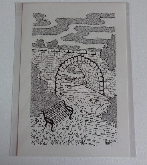 Swans By The Bridge Original Pen And Ink Drawing By English Artist Sharon Godwin