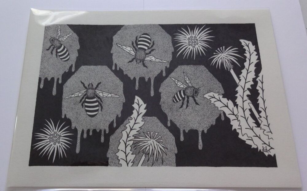 Honey Bees And Dandelions Original Pen And Ink Drawing By English Artist Sharon Godwin