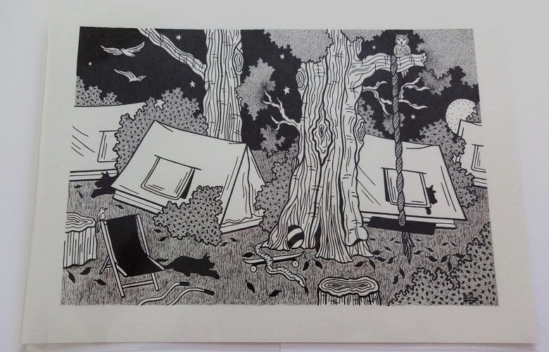 Camping By The Trees Original Pen And Ink Drawing By English Artist Sharon Godwin