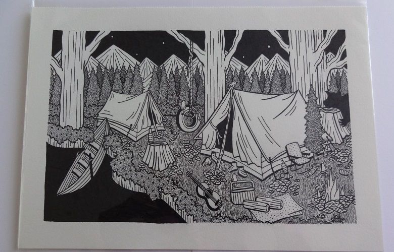 Camping By The Lake Original Pen And Ink Drawing By English Artist Sharon Godwin