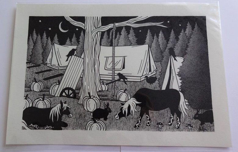 Camping With The Wildlife Original Pen And Ink Drawing By English Artist Sharon Godwin